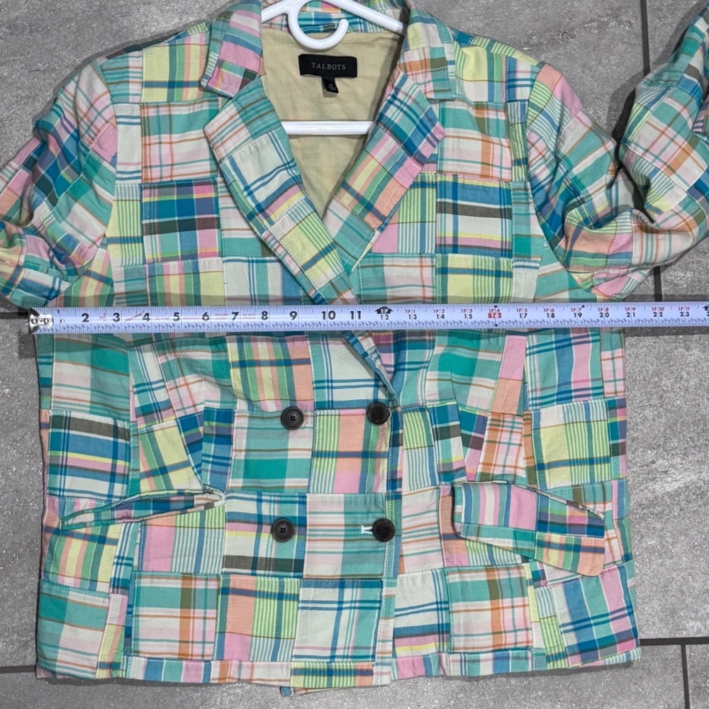 Talbots Blazer Women 14 Multi Madras Patchwork Excellent Cropped Double Breasted - Picture 9 of 12